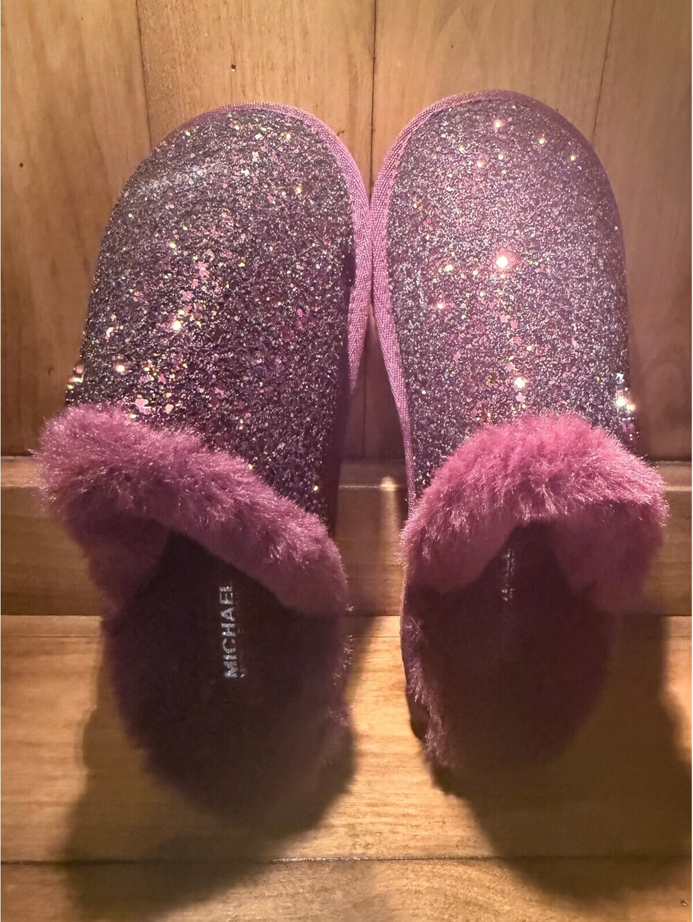New Michael Kors Burgundy Glitter and Faux Fur Lined Slip-On Slippers Women's 6